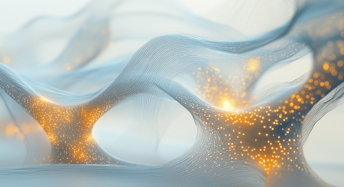 Abstrakte blaue Wellenlinien mit goldenen Lichtpunkten, die fließende Datenströme in einer digitalen Landschaft darstellen. Abstrakte blaue Wellenlinien mit goldenen Lichtpunkten, die fließende Datenströme in einer digitalen Landschaft darstellen.