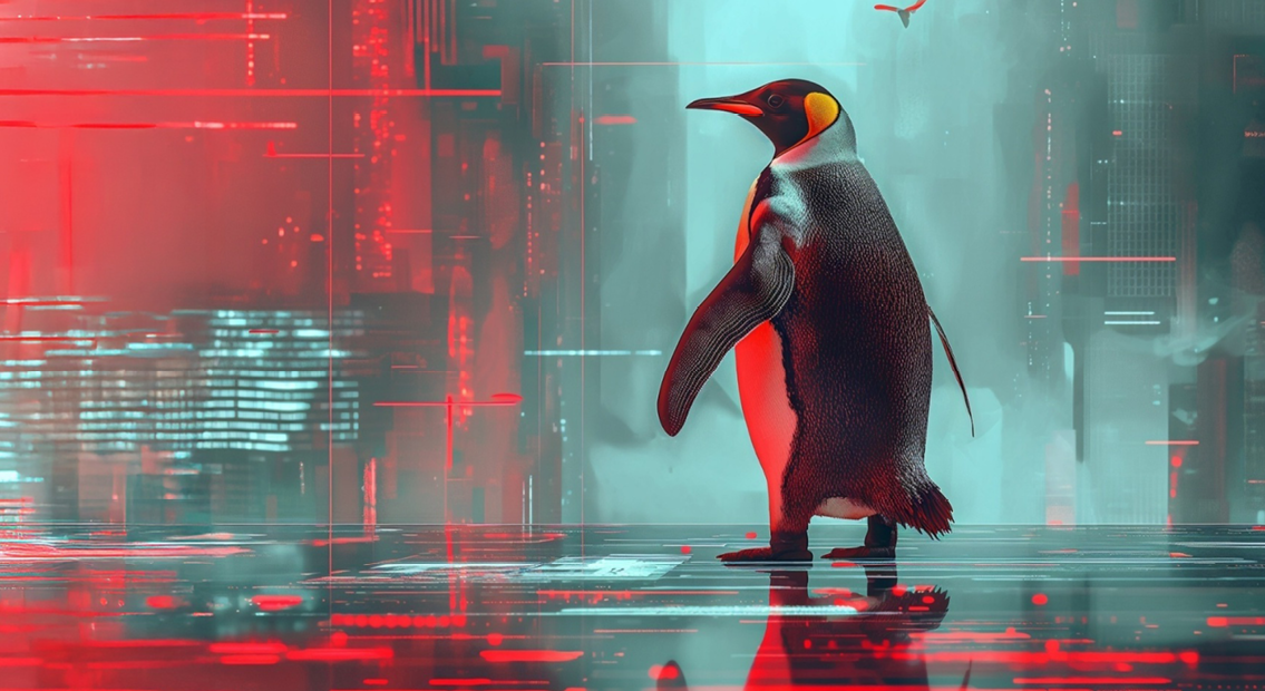 Pinguin in futuristischer Cyberpunk-Umgebung mit türkis-roter Beleuchtung und digitalen Linien im Hintergrund.