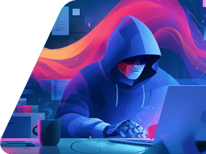 KI-generierte Illustration eines Hackers mit Kapuzenpullover am Laptop vor einem abstrakten, farbigen Hintergrund.