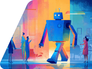 Bunte Illustration eines blauen Roboters vor bunten Hintergrund