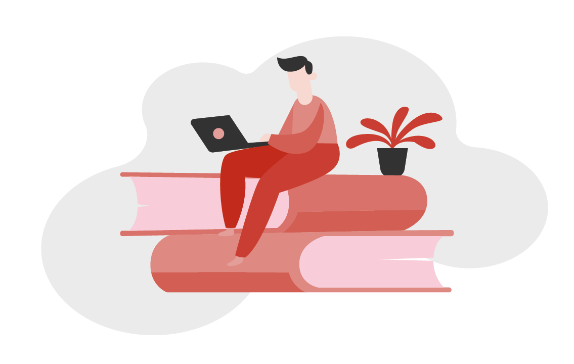 Stilisierte Illustration einer Person in roter Kleidung mit Laptop, sitzend auf gestapelten Büchern neben einer Topfpflanze. Stilisierte Illustration einer Person in roter Kleidung mit Laptop, sitzend auf gestapelten Büchern neben einer Topfpflanze.