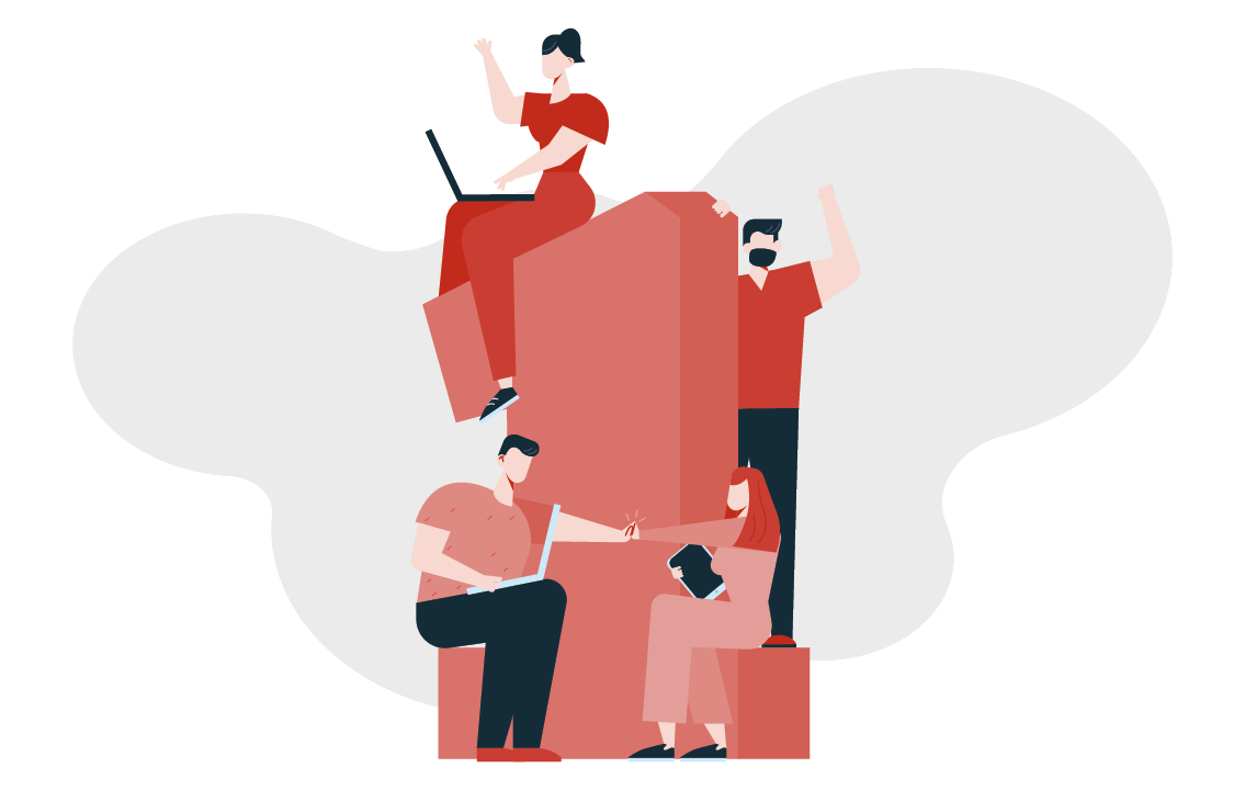 Illustration von Personen, die auf einer großen roten Eins arbeiten, einige mit Laptops, andere interagierend. Illustration von Personen, die auf einer großen roten Eins arbeiten, einige mit Laptops, andere interagierend.