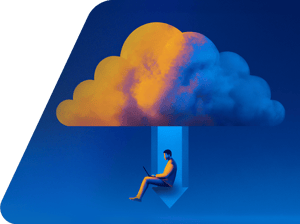 KI-generierte Illustration einer Person unter einer Cloud mit Download-Symbol