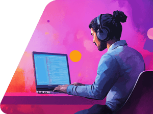 KI-generierte Illustration eines IT-Professionals mit Kopfhörern bei der Arbeit am Laptop