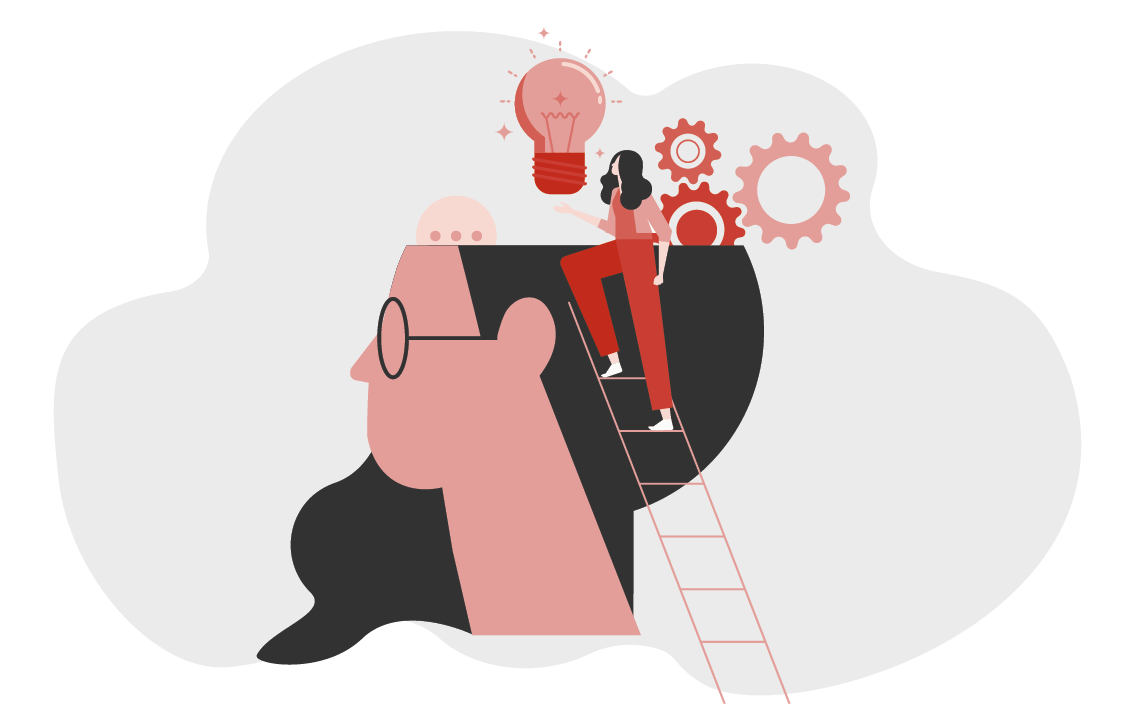 Stilisierte Illustration mit Kopfprofil, Person auf Leiter, Glühbirne und Zahnrädern als Symbole für Ideenfindung.